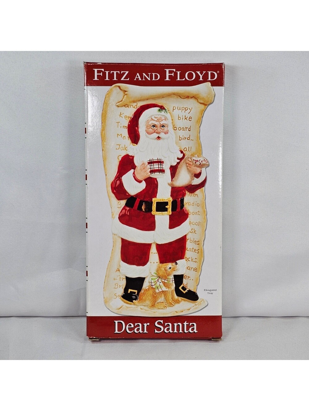 Fitz and Floyd Dear Santa Elongated Tray 2009 Christmas Ceramic Scroll Platter